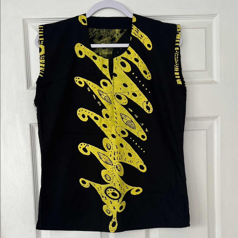 African Print Handmade Graphic Print Sleeveless Black and Yellow Women's Top